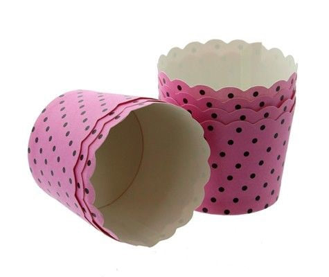 Paper Eskimo Baking Cups: Scalloped Pink with Black Polka Dots: Pack of 25