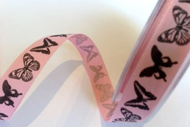 Ribbon: Butterflies Pink, Ivory, Blue or Green: 15mm, by the metre or 20m reel
