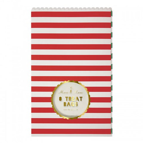 Treat Bags with Window: Christmas Red, Green & White Striped - Pack of 8 with Stickers