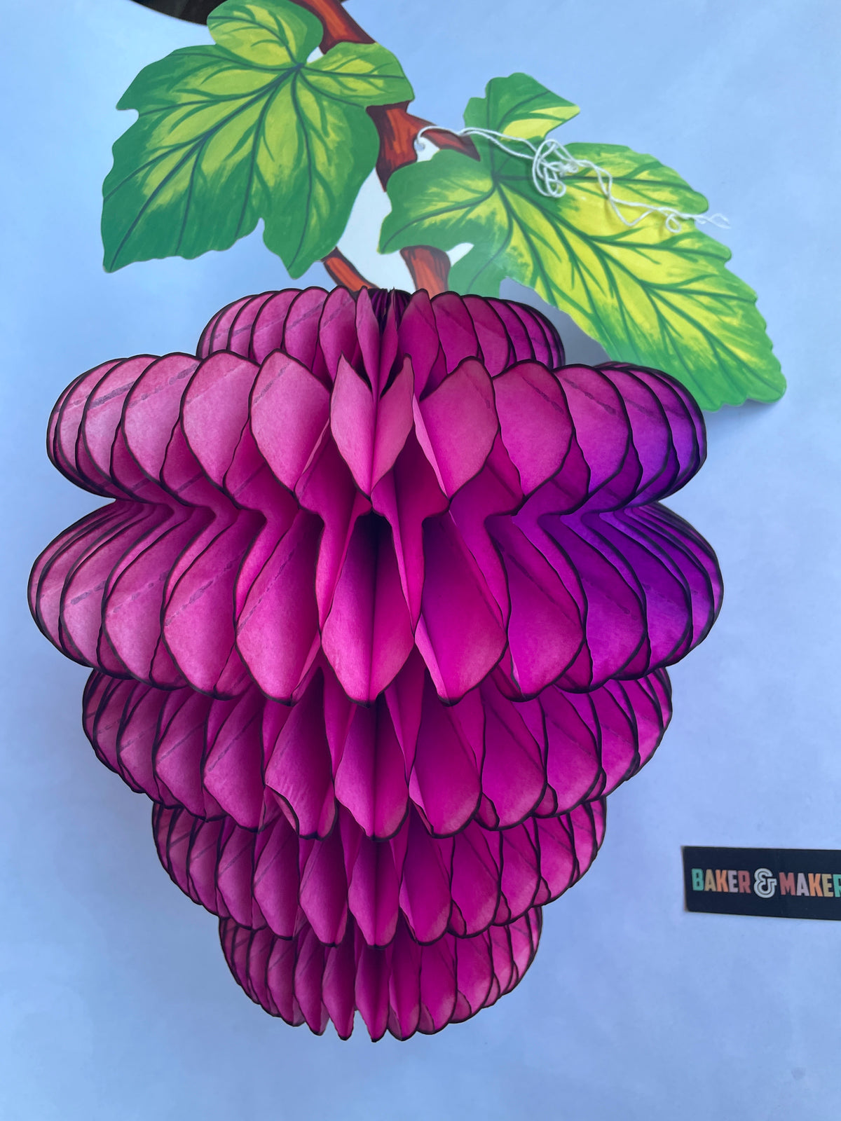 A 3D papercraft grape hanging from a brown stem with green leaves, set against a light blue background. A small black brand tag reading 'BAKER & MAKER' is visible in the bottom right corner.