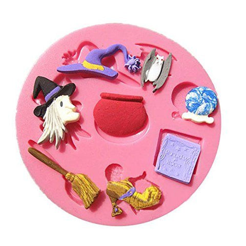 Silicone Mould: 8 motifs - Spooky Halloween Witch, Hat, Broom, Shoe, Cauldron, Bat, Spells, Crystal Ball