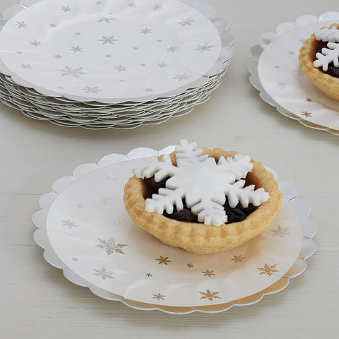 Mince Pie Plates: Silver with White Snowflakes - Pack of 8