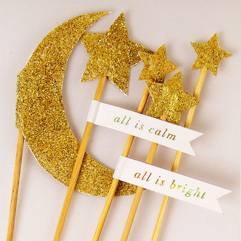 Cake Toppers: Glittery Gold Moon & Stars - 5 pieces