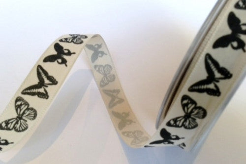 Ribbon: Butterflies Pink, Ivory, Blue or Green: 15mm, by the metre or 20m reel
