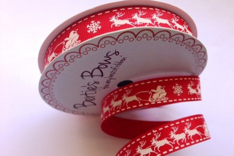 Ribbon: Christmas Sleigh Red - 16mm, by the metre