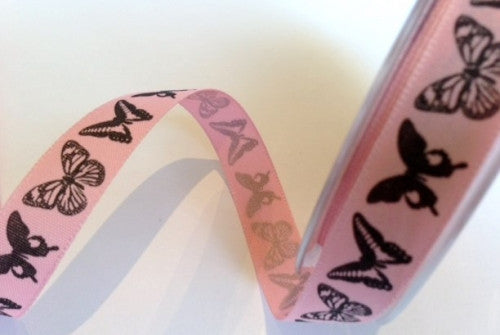 Ribbon: Butterflies Pink, Ivory, Blue or Green: 15mm, by the metre or 20m reel