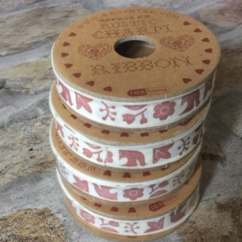 Ribbon: Rustic Charm Birds & Flowers Red on Cream - 20mm 6m